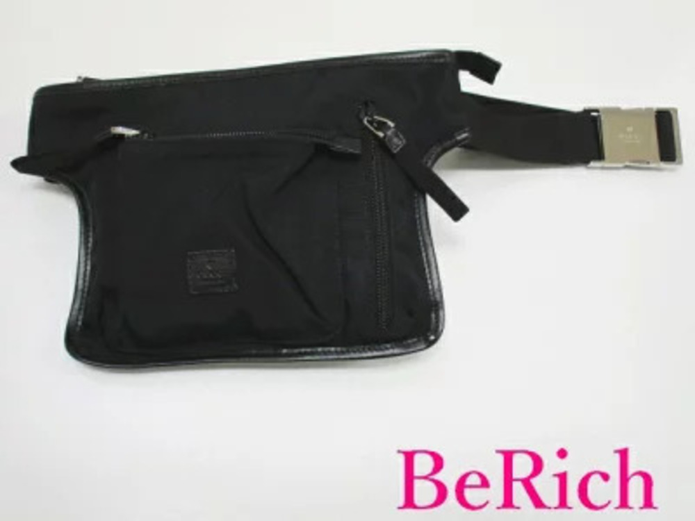 Gucci Waist Bag GG Black Canvas Leather Pouch Clutch Body Belt